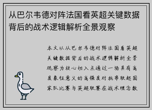从巴尔韦德对阵法国看英超关键数据背后的战术逻辑解析全景观察 从巴尔韦德对阵法国看英超关键数据背后的战术逻辑解析全景观察