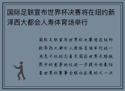 国际足联宣布世界杯决赛将在纽约新泽西大都会人寿体育场举行 国际足联宣布世界杯决赛将在纽约新泽西大都会人寿体育场举行